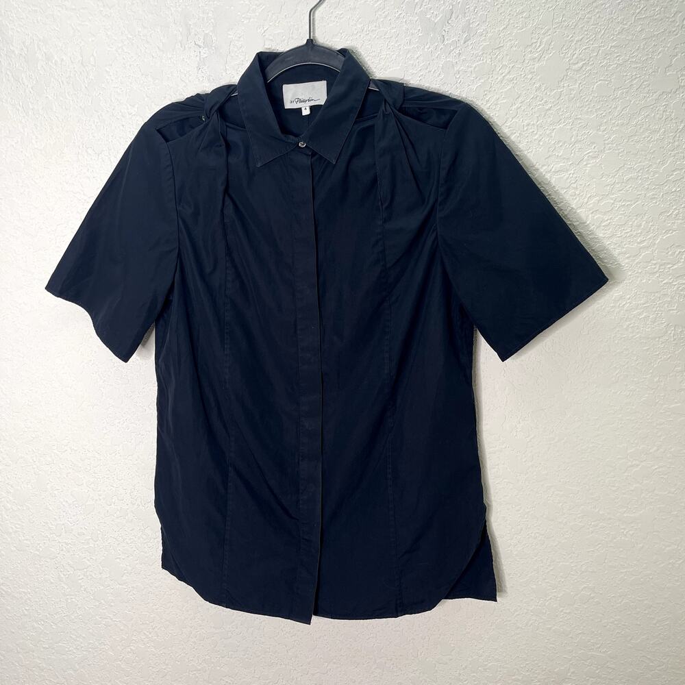 3.1 Phillip Lim Womens 4 Navy Cotton Cutout Shoulder Short Sleeve Blouse Shirt